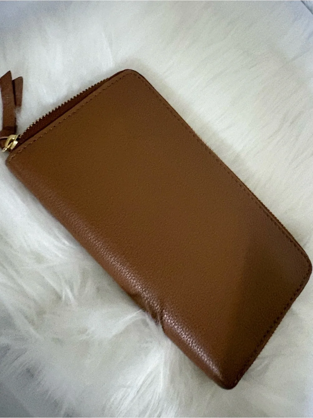 Tory Burch Caramel Brown Leather Zip-Around Wallet with Gold Logo